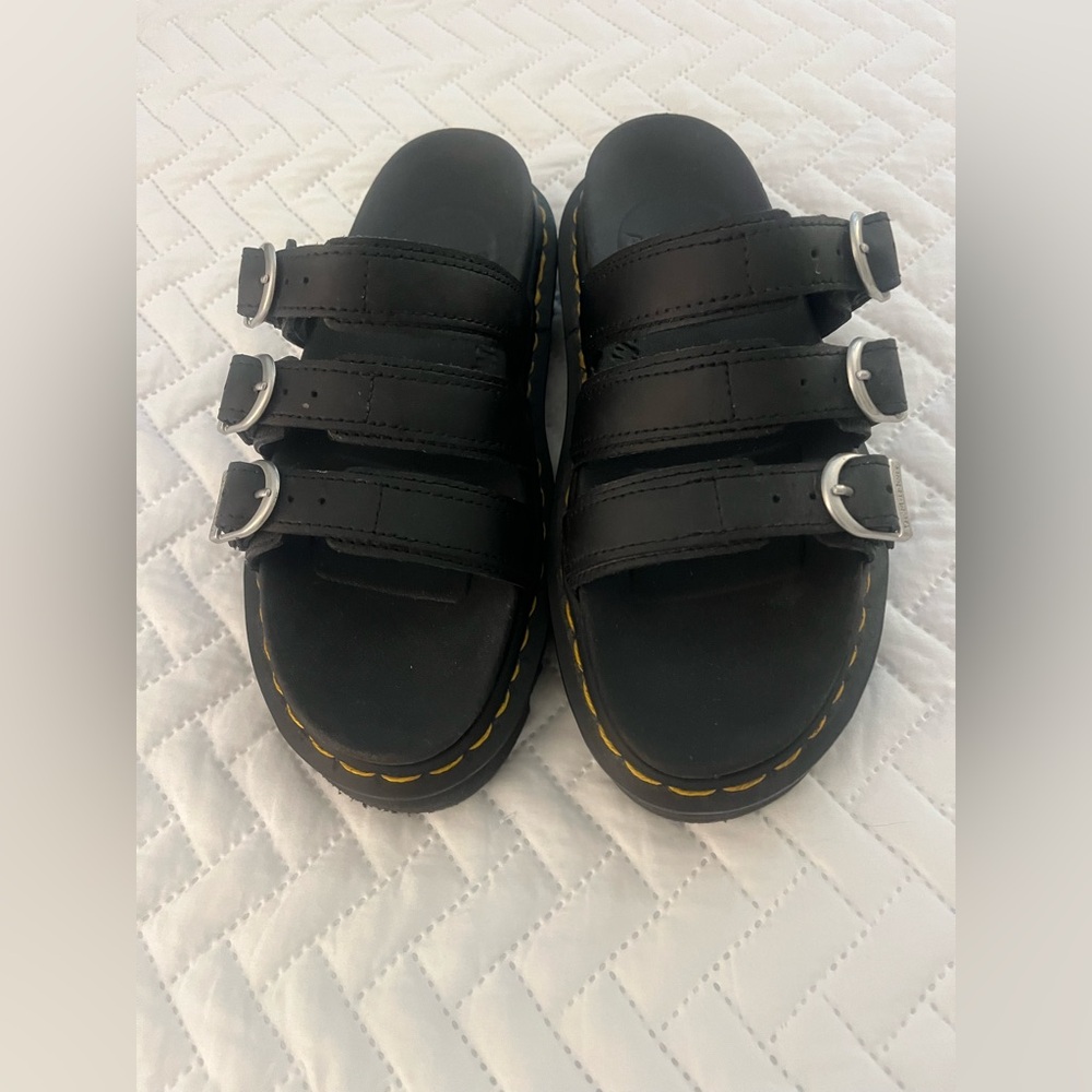 Dr. Martens Black Triple-Strap Sandals with Yellow Stitching